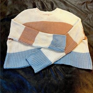 Striped Knit Sweater - Cream, Brown, and Blue